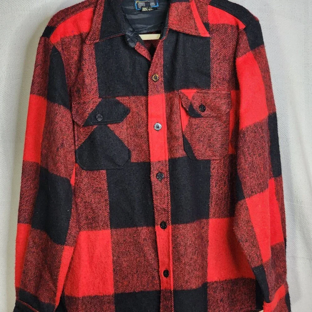 Bronzini Red and Black Buffalo Check Wool Blend Semi Lined Vintage Shacket Sz L - Picture 4 of 16